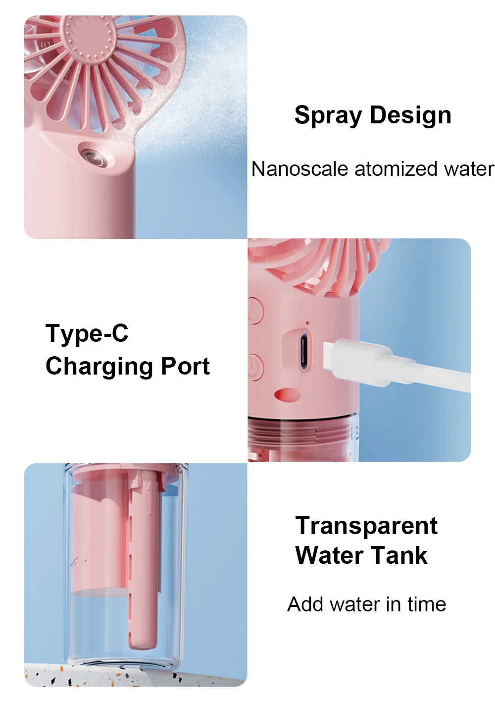 Raugee Portable Humidifier Fan – USB Rechargeable, Adjustable Speeds, Cooling & Hydrating Mist